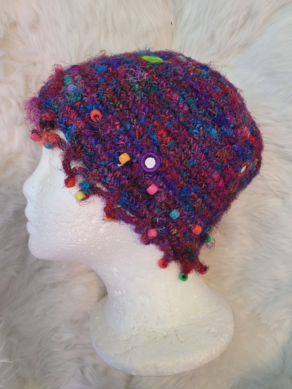 Handmade Multicolor Chunky Knit Silk Beaded Cloche Hat